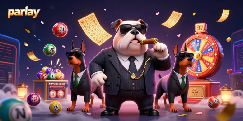 Play parlay: exhilarating casino scene featuring a mafia boss bulldog and prizes bursting with excitement.